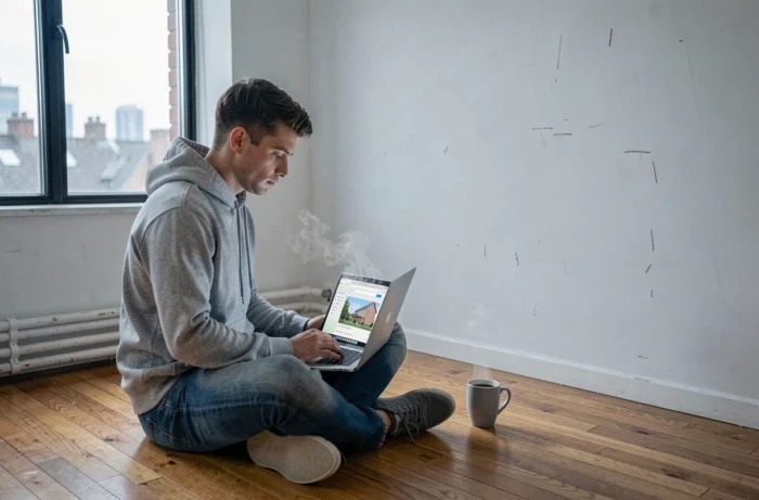 Young man searching for an apartment to rent on his laptop in an empty home
