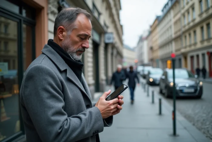 Homme en ville utilisant les paramètres sonores de l'application de navigation Mappy sur son smartphone