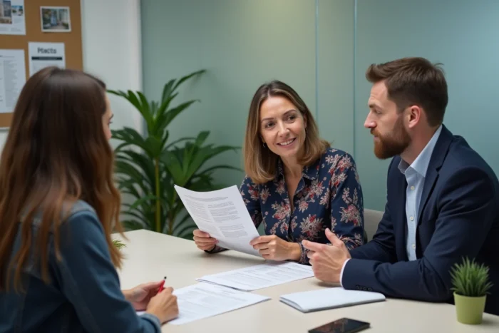 Couple rencontrant un conseiller en commission d'attribution de logement dans une mairie