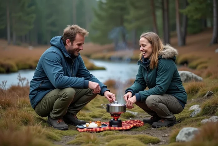 Deux campeurs préparant un repas au bivouac près d'un ruisseau dans les Landes