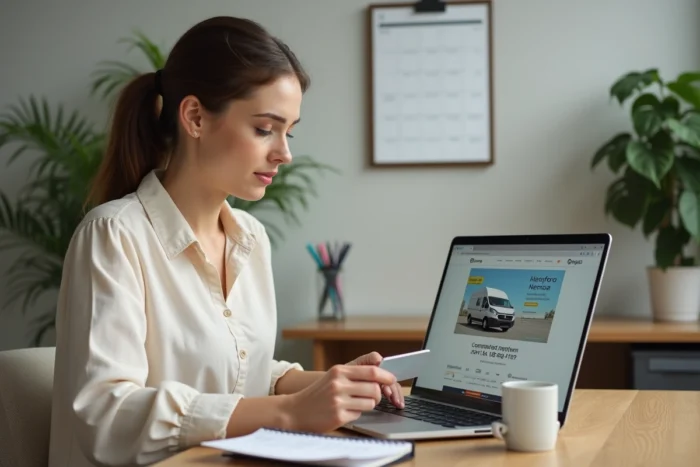 Femme réservant un camion de location en ligne six semaines à l'avance, carte bancaire en main et calendrier annoté sur le bureau