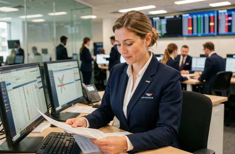 Responsable des opérations aériennes Air France consultant des documents de process métier IPN dans un centre de gestion des vols