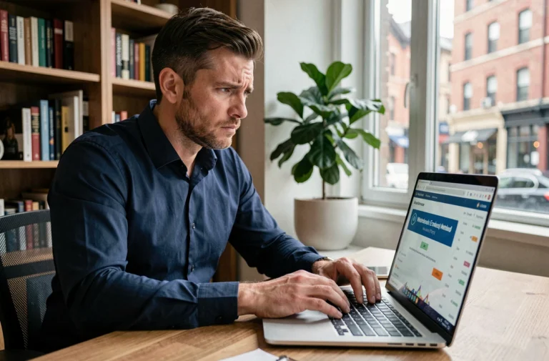 Homme frustré devant un écran d'ordinateur affichant une erreur de retrait sur une plateforme d'échange de cryptomonnaies comme Binance