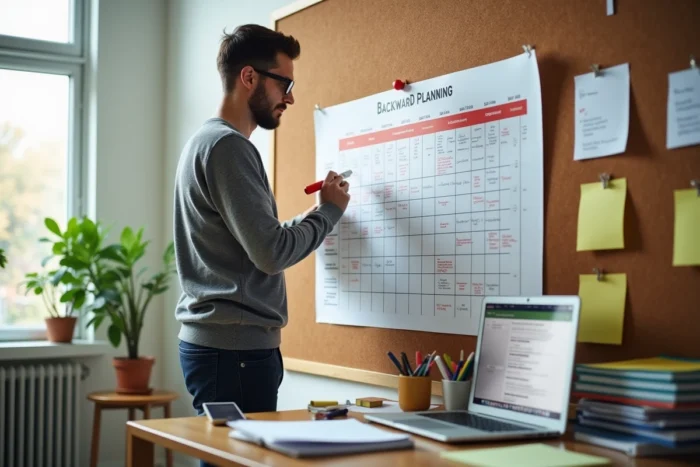 Homme complétant un rétroplanning mural détaillé pour organiser toutes les démarches administratives liées au déménagement