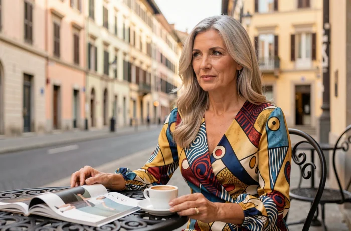 Femme élégante en robe portefeuille à imprimés géométriques inspirés des archives Pucci et Dior, attablée en terrasse à Milan