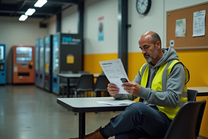 Préparateur de commandes Amazon consultant sa fiche de paie de nuit dans la salle de pause