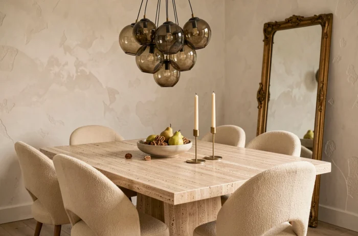Salle à manger chic avec table en travertin, chaises en bouclé crème et miroir doré vintage, décoration intérieure élégante et intemporelle