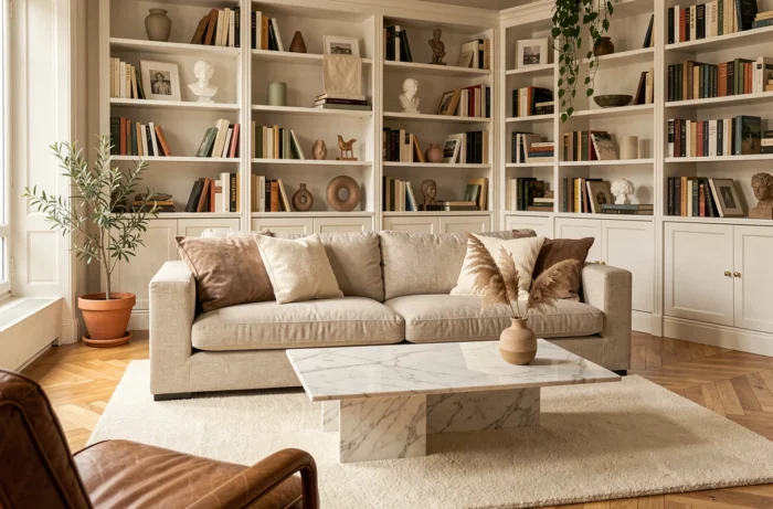 Salon chic et intemporel avec canapé en lin, table basse en marbre et parquet en chêne en chevron, décoration intérieure élégante aux tons neutres