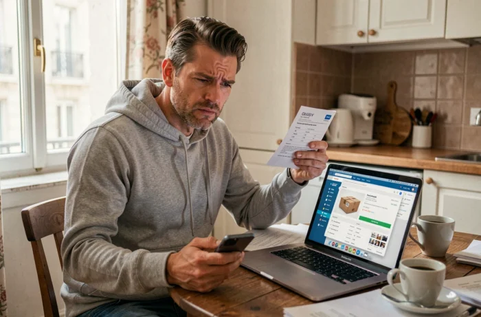 Homme consultant le suivi de son colis retardé sur ordinateur et smartphone depuis son domicile