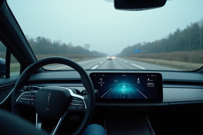 Tableau de bord d'un véhicule autonome affichant les icônes de conduite assistée sur autoroute