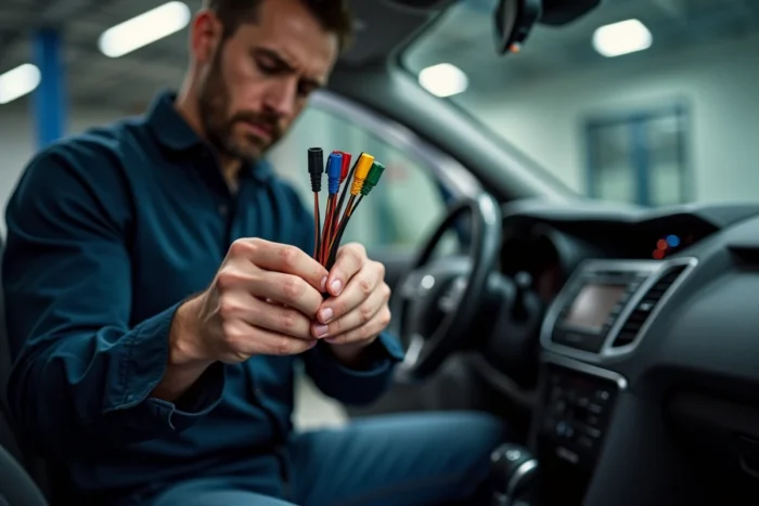 Technicien automobile tenant un faisceau de câbles colorés pour branchement autoradio Android sur Peugeot