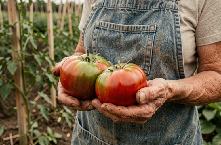 Mains de jardinière tenant des tomates à la peau fine fraîchement récoltées dans un potager