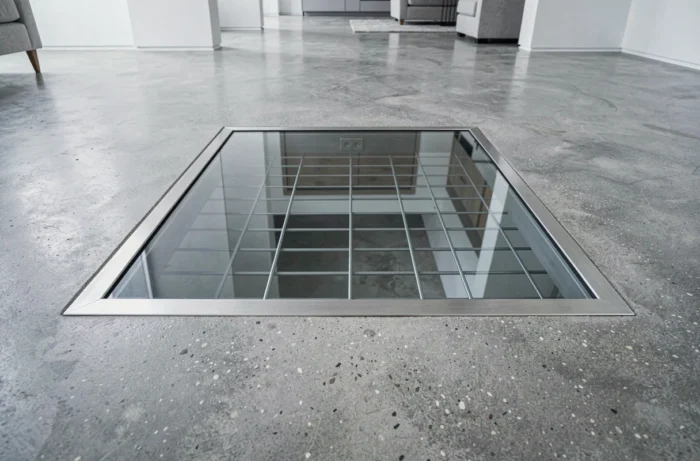 Trappe de cave en verre encastrée dans un sol en béton poli, vue de dessus, cadre en acier inoxydable, style contemporain