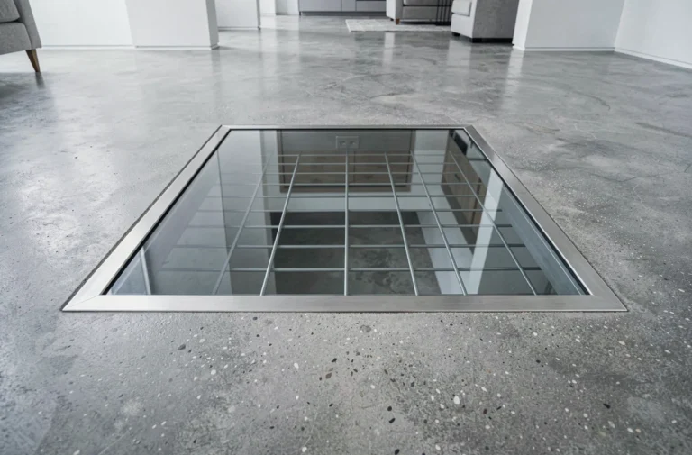 Trappe de cave en verre encastrée dans un sol en béton poli, vue de dessus, cadre en acier inoxydable, style contemporain