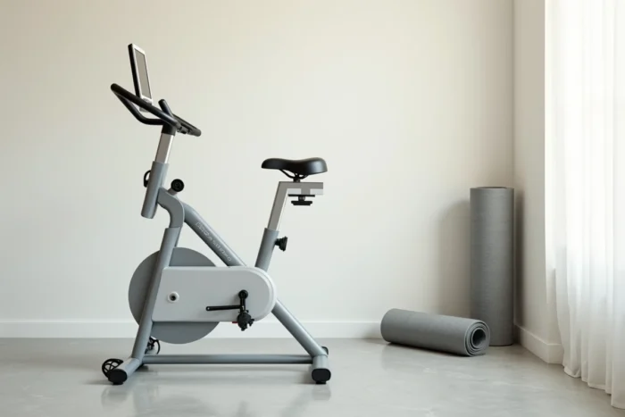 Vélo d'appartement compact et pliable dans un coin d'appartement minimaliste pour usage domestique
