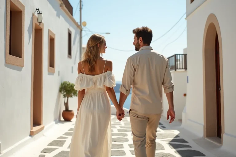 Couple de jeunes mariés se promenant dans une ruelle de Santorin lors de leur voyage de noces
