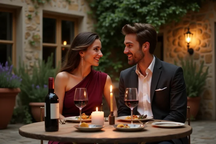 Couple de jeunes mariés dînant dans la cour d'un domaine viticole toscan lors de leur voyage de noces en Italie