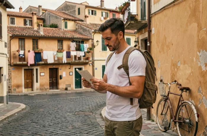 Voyageur consultant son itinéraire manuscrit dans une ruelle pavée d'une ville méditerranéenne aux façades ocre et aux toits en tuiles